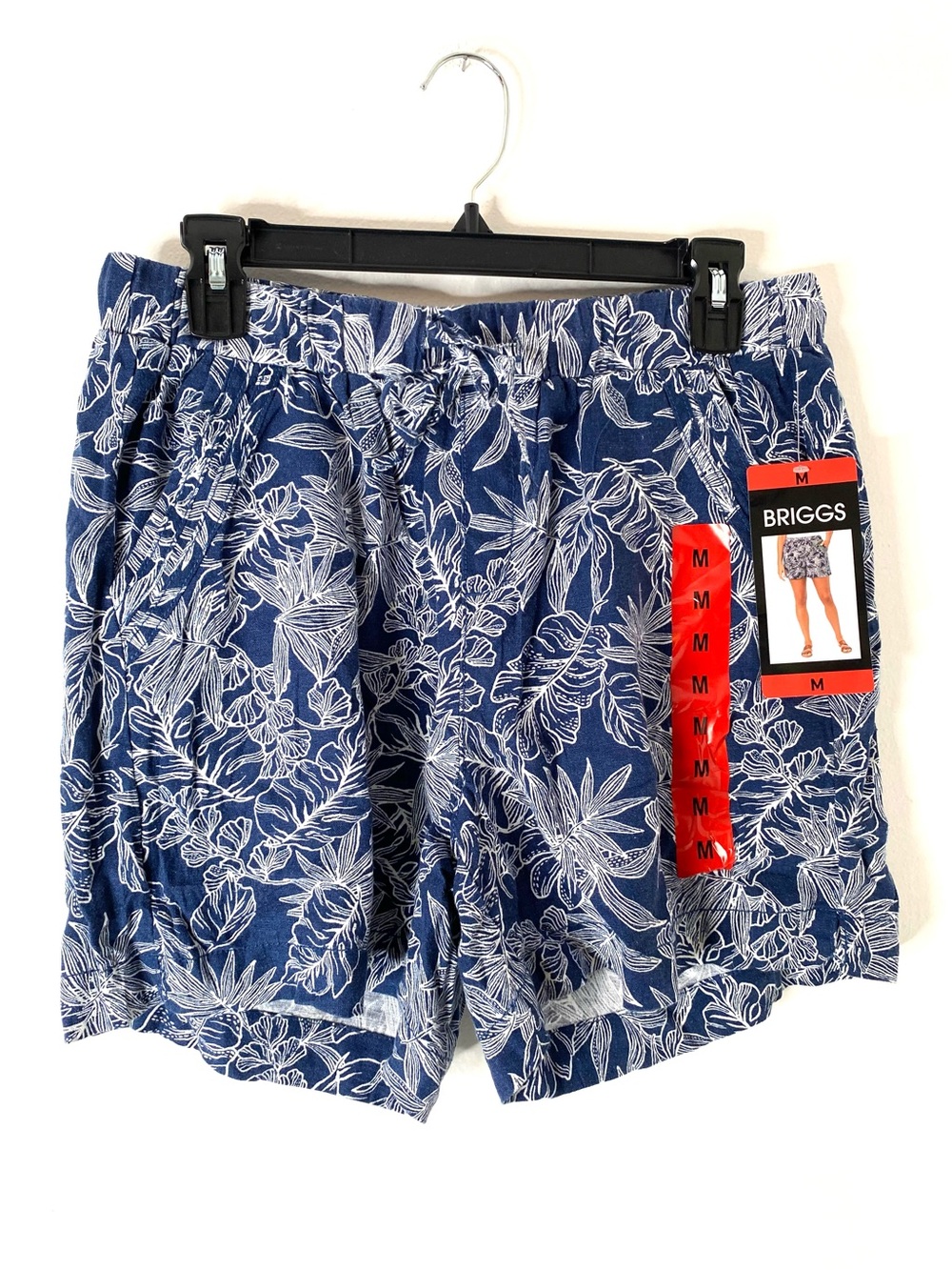 Briggs Navy Blue White Print Linen Blend 5” Shorts NWT High Waist Drawstring